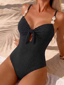 SHEIN Swim Women's Solid Color Textured Fabric Beaded Decor Sexy One-Piece Swimsuit For Beach Vacation - Black - View 3
