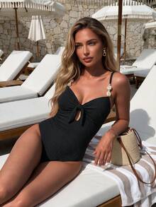 SHEIN Swim Women's Solid Color Textured Fabric Beaded Decor Sexy One-Piece Swimsuit For Beach Vacation - Black - View 1