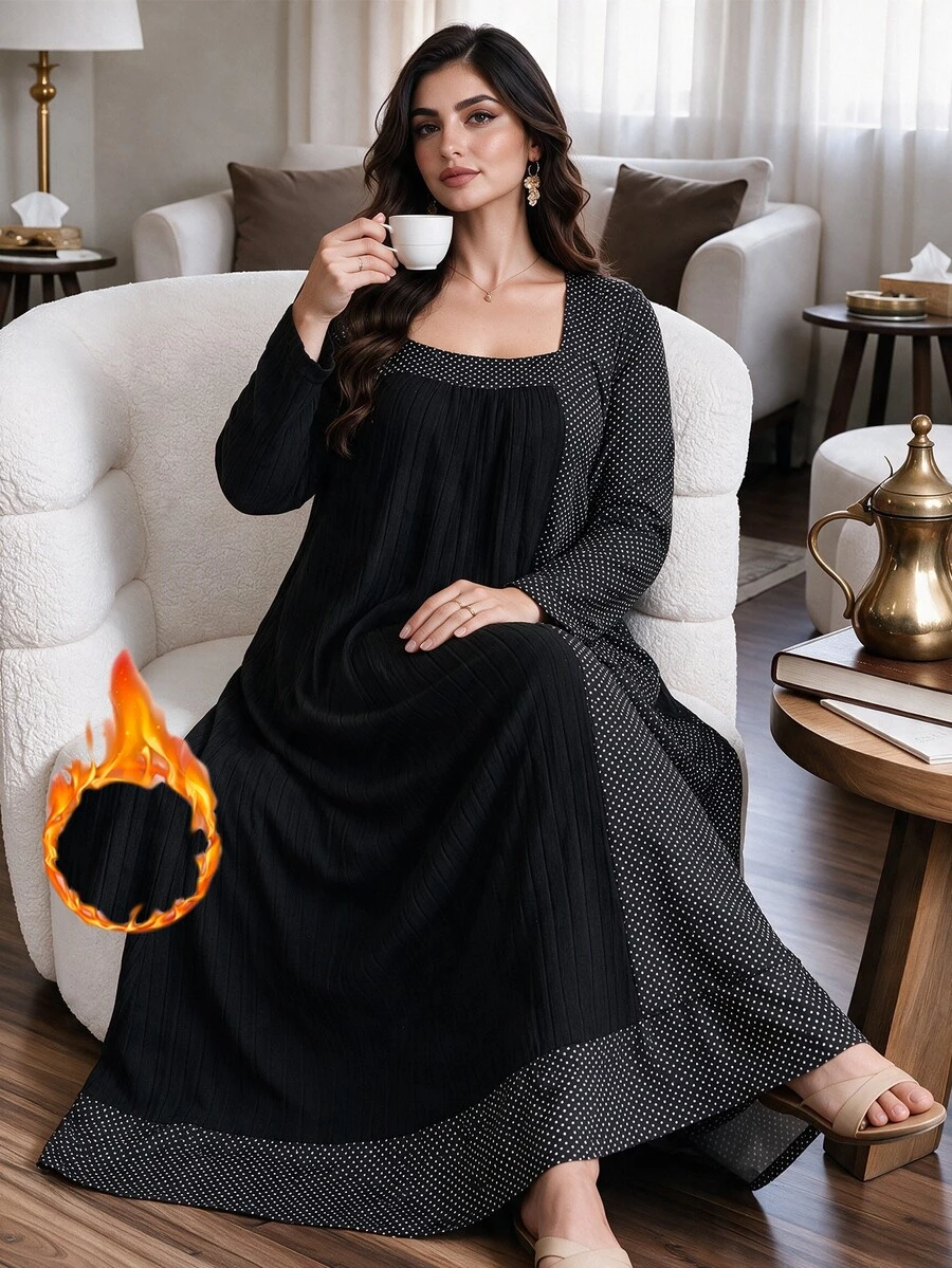 Lacomfia Women's Square Neck Long Sleeve Polka Dot Patchwork Casual Comfortable Home Wear Autumn Winter Plus Size Dress