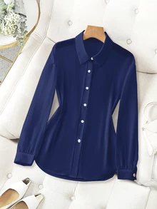 Franclia Camisa básica minimalista de cuello en pico transparente y llana - Azul - Ver 7
