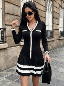 Selianne Women's Colorblock Casual Daily Wear Summer Knit Dress - Black - View 1