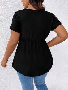 Femmeverse Plus Size Plain Color Short Sleeve T-Shirt, Simple & Fashionable Casual Everyday Wear - Black - View 2