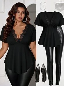 Femmeverse Plus Size Plain Color Short Sleeve T-Shirt, Simple & Fashionable Casual Everyday Wear - Black - View 1