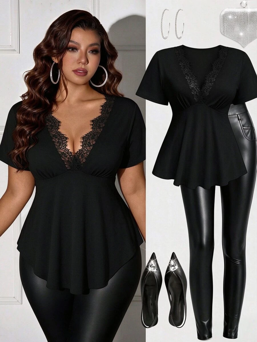 Femmeverse Plus Size Plain Color Short Sleeve T-Shirt, Simple & Fashionable Casual Everyday Wear - Black - View 1