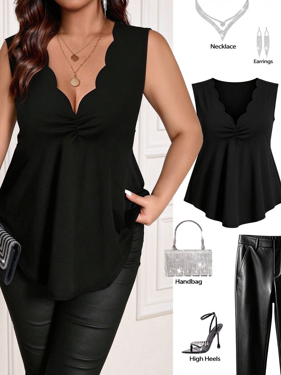 Femmeverse Women's Versatile Gathered Frilled Collar Knit Camisole - Black - View 1