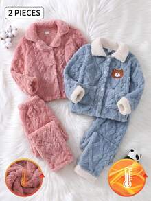 女童粉色雙面刷毛鑽石提花開襟翻領秋冬毛絨休閒居家服套裝 - 粉色 - 查看 1