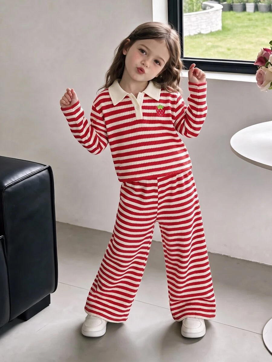 SHEIN Genkimix Kids 2件組女童條紋領長袖針織上衣與長褲套裝,時尚兒童休閒套裝,適合初秋 - 紅色 - 查看 1