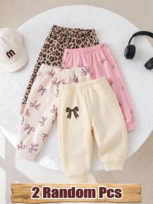 2 Random Pcs Baby Girls Fleece Leopard Print & Bowknot Print Sweatpants, Cute Elastic Waist Bowknot Cuffed Pants Autumn Winter - Multicolor - View 4