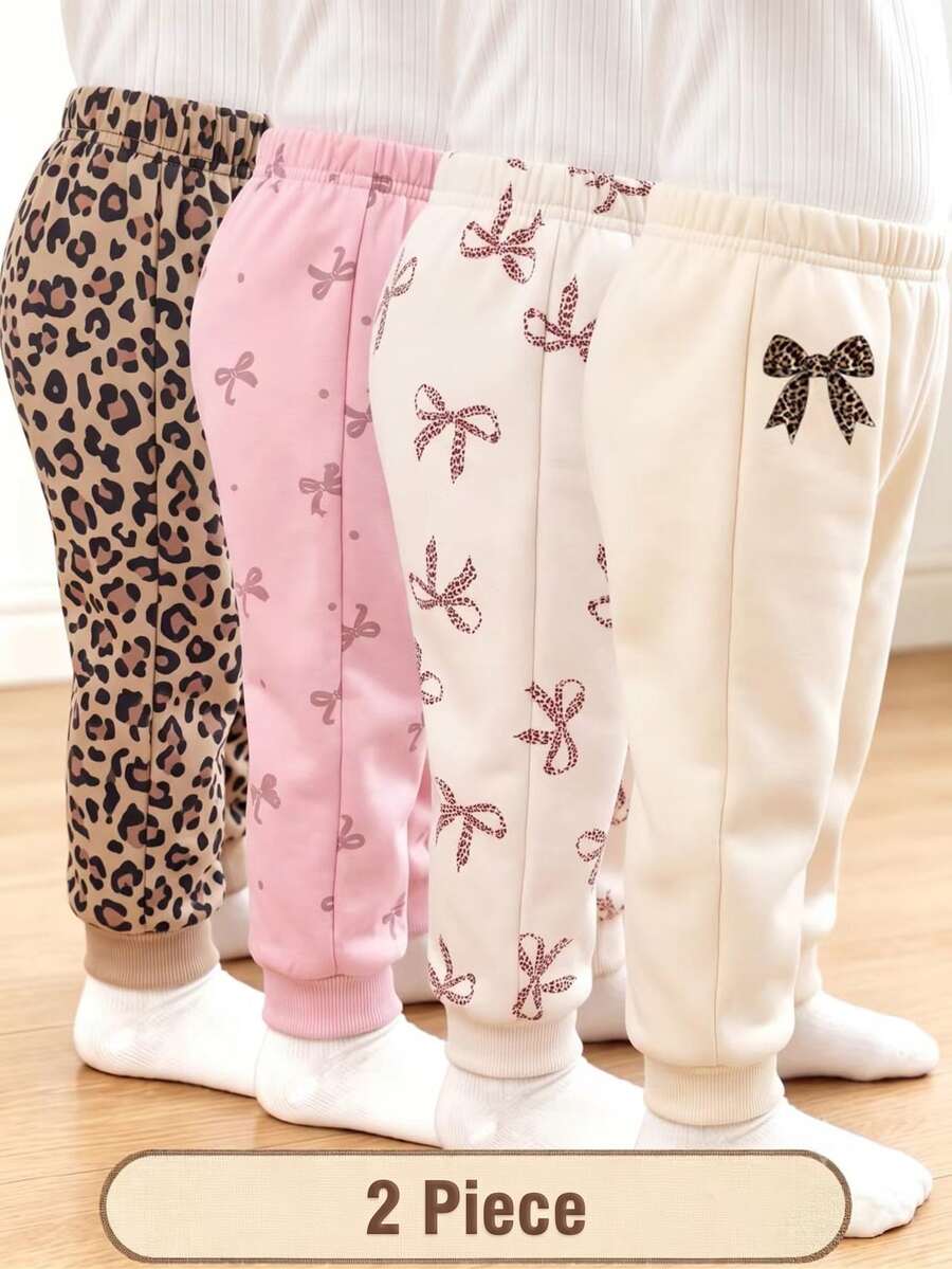 2 Random Pcs Baby Girls Fleece Leopard Print & Bowknot Print Sweatpants, Cute Elastic Waist Bowknot Cuffed Pants Autumn Winter - Multicolor - View 1