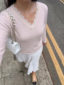 Flirla Women's Autumn/Winter Casual Young Versatile Lace Trim Patchwork Soft Slim Fit Knit Sweater - Baby Pink - View 6