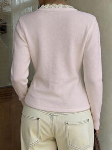 Flirla Women's Autumn/Winter Casual Young Versatile Lace Trim Patchwork Soft Slim Fit Knit Sweater - Baby Pink - View 2