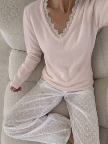 Flirla Women's Autumn/Winter Casual Young Versatile Lace Trim Patchwork Soft Slim Fit Knit Sweater - Baby Pink - View 5