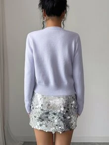 Elenzga Autumn/Winter Elegant Gentle Style Lilac Round Neck Cable Knit Asymmetrical Single-Breasted Flower Twist Button Women's Sweater Brunch - Purple - View 2