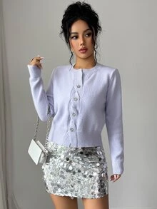 Elenzga Autumn/Winter Elegant Gentle Style Lilac Round Neck Cable Knit Asymmetrical Single-Breasted Flower Twist Button Women's Sweater Brunch - Purple - View 7