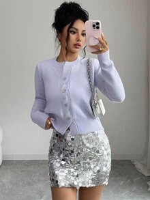 Elenzga Autumn/Winter Elegant Gentle Style Lilac Round Neck Cable Knit Asymmetrical Single-Breasted Flower Twist Button Women's Sweater Brunch - Purple - View 8