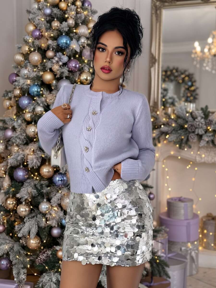 Elenzga Autumn/Winter Elegant Gentle Style Lilac Round Neck Cable Knit Asymmetrical Single-Breasted Flower Twist Button Women's Sweater Brunch - Purple - View 1