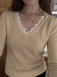 Flirla 女款秋季休閒浪漫優雅年輕百搭蕾絲飾邊拼接軟針織修身毛衣 早午餐米色 - 卡其色 - 查看 4