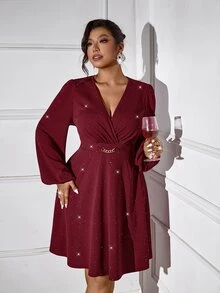 Femmeverse Plus Size Women V-Neck Lantern Sleeve Metal Chain Decor Solid Color Fashion Dress - Burgundy - View 7