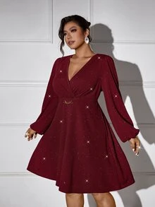Femmeverse Plus Size Women V-Neck Lantern Sleeve Metal Chain Decor Solid Color Fashion Dress - Burgundy - View 8
