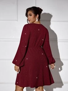 Femmeverse Plus Size Women V-Neck Lantern Sleeve Metal Chain Decor Solid Color Fashion Dress - Burgundy - View 2