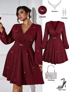 Femmeverse Plus Size Women V-Neck Lantern Sleeve Metal Chain Decor Solid Color Fashion Dress - Burgundy - View 1