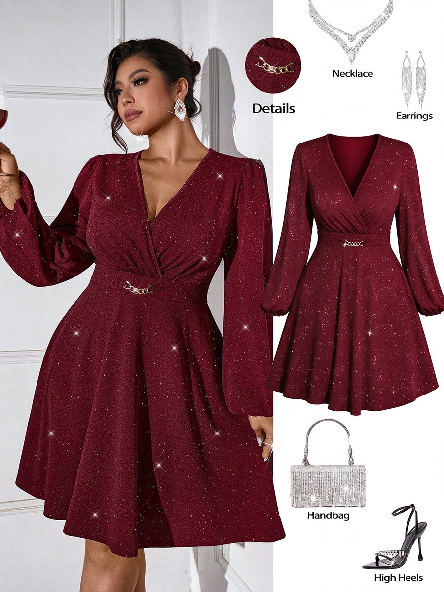Femmeverse Plus Size Women V-Neck Lantern Sleeve Metal Chain Decor Solid Color Fashion Dress - Burgundy - View 1