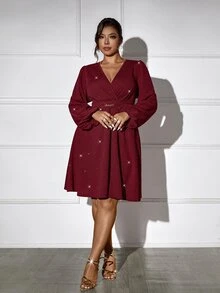Femmeverse Plus Size Women V-Neck Lantern Sleeve Metal Chain Decor Solid Color Fashion Dress - Burgundy - View 6