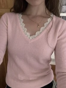 Flirla 女款秋冬休閒優雅年輕百搭蕾絲飾邊拼接軟挺修身針織毛衣 日常晚餐穿搭 藍白配色 - 粉色 - 查看 6
