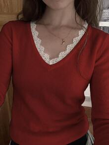 Flirla 女款秋冬休閒優雅年輕百搭蕾絲飾邊拼接軟挺修身針織毛衣 日常晚餐穿搭 藍色與白色 - 紅色 - 查看 6