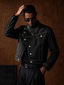 AKNOTIC Jaket Pria Lengan Panjang dengan Plaket Asimetris Warna Hitam & Abu-abu Pudar - Hitam - View 1