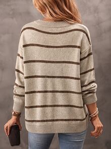 SHEIN Fall Daily Style V Neck Two Tone Stripe Drop Shoulder Knit Top - Apricot - View 2