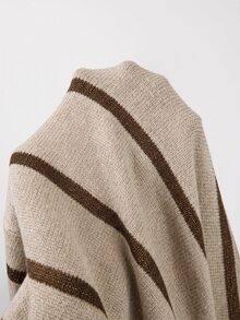 SHEIN Fall Daily Style V Neck Two Tone Stripe Drop Shoulder Knit Top - Apricot - View 6