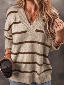 SHEIN Fall Daily Style V Neck Two Tone Stripe Drop Shoulder Knit Top - Apricot - View 4