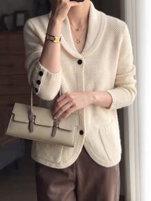 Zayélia Women's Autumn/Winter Solid Color Minimalist Comfortable Button Pocket Cardigan - Apricot - View 4