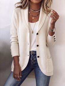 Zayélia Women's Autumn/Winter Solid Color Minimalist Comfortable Button Pocket Cardigan - Apricot - View 3