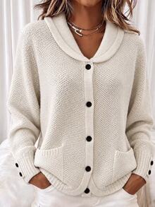 Zayélia Women's Autumn/Winter Solid Color Minimalist Comfortable Button Pocket Cardigan - Apricot - View 6