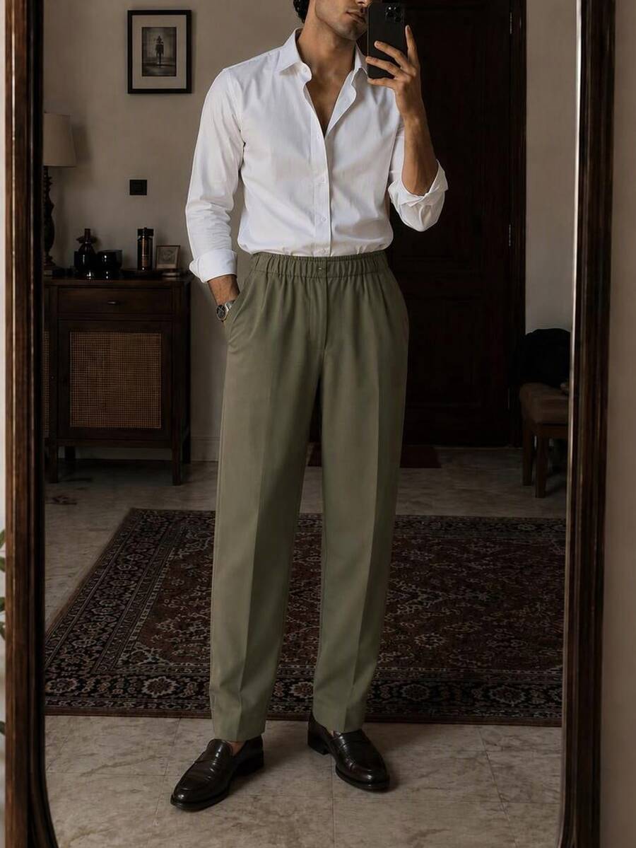AKNOTIC Men's Solid Color Straight Leg Casual Commute Suit Pants With Pockets - Army Green - View 1