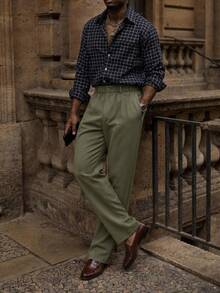 AKNOTIC Men's Solid Color Straight Leg Casual Commute Suit Pants With Pockets - Army Green - View 3