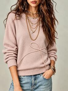 SHEIN LUNE Women's Bow Textured Raglan Long Sleeve Casual Cute Preppy French Sweater Brunch Everyday School Dusty Rose Fall - Apricot - View 1