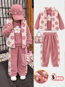 3pcs Girls Autumn Outfit Set, Crew Neck Ribbed Sweatshirt 3D Floral, Tapered Pants, Floral Fleece Vest Three Pieces Set 7th Birthday Brown Fall - Pink - View 1