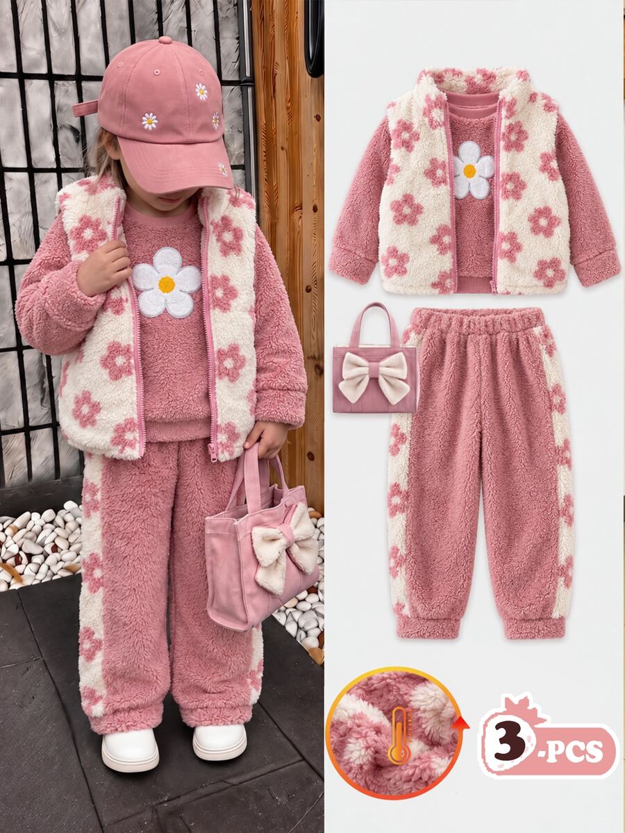 3pcs Girls Autumn Outfit Set, Crew Neck Ribbed Sweatshirt 3D Floral, Tapered Pants, Floral Fleece Vest Three Pieces Set 7th Birthday Brown Fall - Pink - View 1
