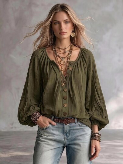 SHEIN Tenue de vacances Nouvelle blouse femme col en V manches raglan ample avec décoration boutons décontractée manches longues bouffantes, convient pour les vêtements de style campagnard pour femmes, tenue d'été pour femmes, vêtements de festival de juin pour femmes,
