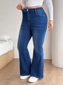 SHEIN Tall CURVE Plus Size Women's Washed Flare Leg Pocket Button Denim Jeans - Blue - View 3