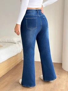 SHEIN Tall CURVE Plus Size Women's Washed Flare Leg Pocket Button Denim Jeans - Blue - View 2
