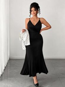 SHEIN Elenzya Women's Autumn/Winter Polka Dot Long Sleeve Top + Solid Color V-Neck Cami Dress 2 Pieces Set Fall - Black and White - View 5