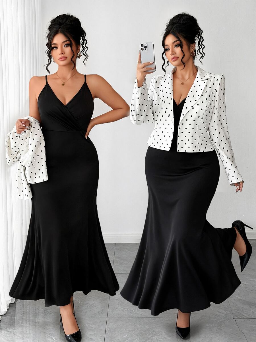 SHEIN Elenzya Women's Autumn/Winter Polka Dot Long Sleeve Top + Solid Color V-Neck Cami Dress 2 Pieces Set Fall - Black and White - View 1