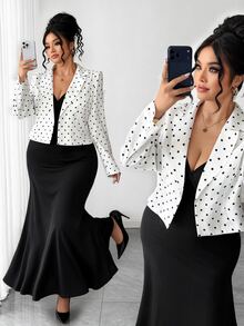 SHEIN Elenzya Women's Autumn/Winter Polka Dot Long Sleeve Top + Solid Color V-Neck Cami Dress 2 Pieces Set Fall - Black and White - View 12