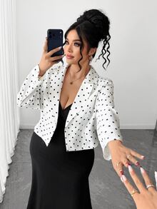 SHEIN Elenzya Women's Autumn/Winter Polka Dot Long Sleeve Top + Solid Color V-Neck Cami Dress 2 Pieces Set Fall - Black and White - View 8