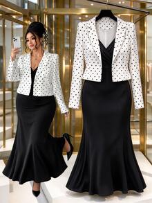 SHEIN Elenzya Women's Autumn/Winter Polka Dot Long Sleeve Top + Solid Color V-Neck Cami Dress 2 Pieces Set Fall - Black and White - View 3