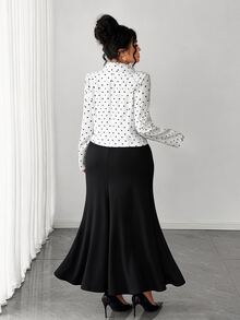 SHEIN Elenzya Women's Autumn/Winter Polka Dot Long Sleeve Top + Solid Color V-Neck Cami Dress 2 Pieces Set Fall - Black and White - View 2